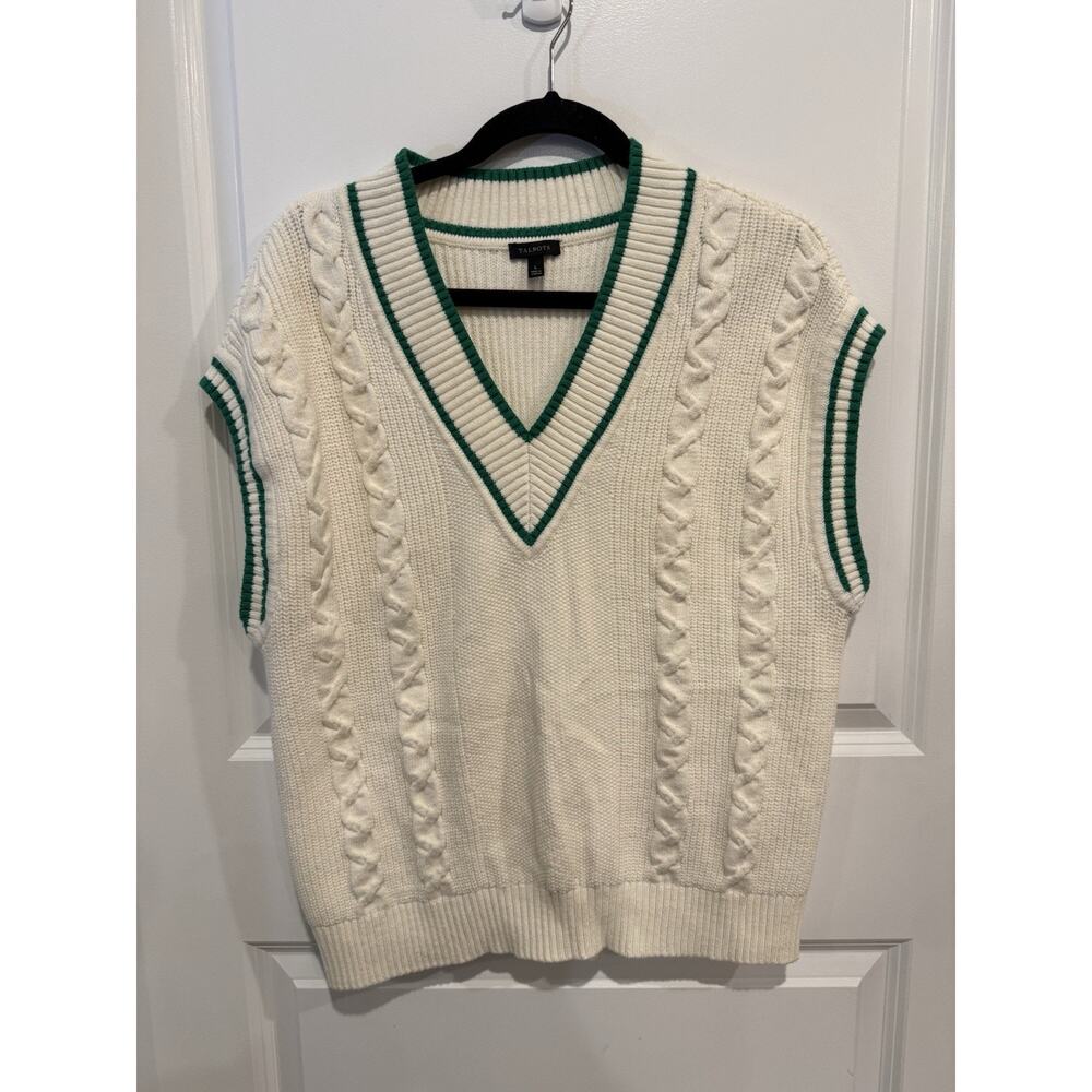 Talbots Sweater Vest Size Large Cable Knit Ivory Green Trim V-Neck Tennis